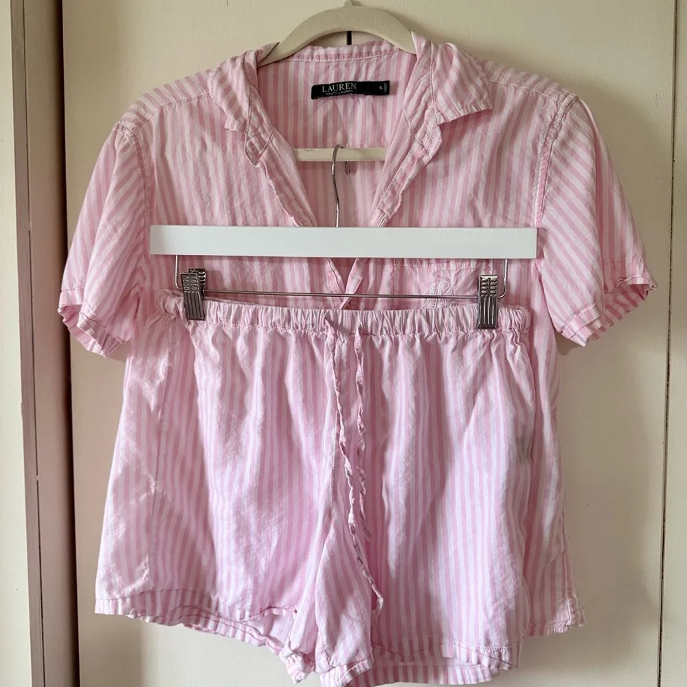 Lauren Ralph Lauren Pink and White Striped Top & Shorts Pajama Set LRL - Picture 3 of 8
